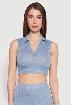 Womens Daisy Sleeveless Collared Crop Top, Blue, Size XL
