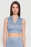 Womens Daisy Sleeveless Collared Crop Top, Blue, Size XL