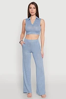 Womens Daisy Sleeveless Collared Crop Top, Blue, Size XL