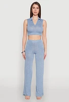 Womens Daisy Sleeveless Collared Crop Top, Blue, Size XL
