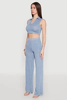 Womens Daisy Sleeveless Collared Crop Top, Blue, Size XL
