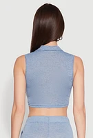 Womens Daisy Sleeveless Collared Crop Top, Blue, Size XL
