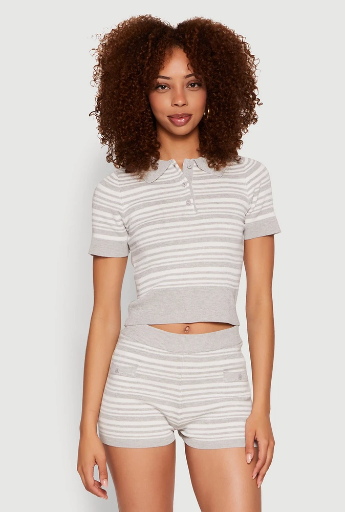 Womens Daisy Striped Polo Crop Top, Multi, Size L