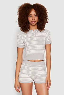Womens Daisy Striped Polo Crop Top, Multi, Size L