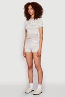 Womens Daisy Striped Polo Crop Top, Multi, Size L