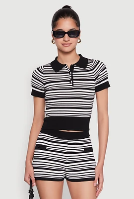 Womens Daisy Striped Polo Crop Top, Multi, Size M