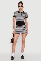 Womens Daisy Striped Polo Crop Top, Multi, Size M