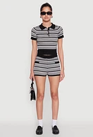 Womens Daisy Striped Polo Crop Top, Multi, Size M