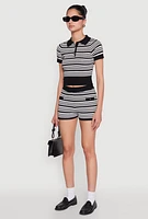 Womens Daisy Striped Polo Crop Top, Multi, Size M