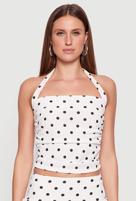 Womens Polka Dot Ruched Halter Top, White, Size L