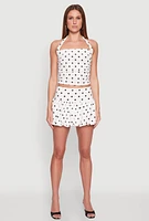 Womens Polka Dot Ruched Halter Top, White, Size L