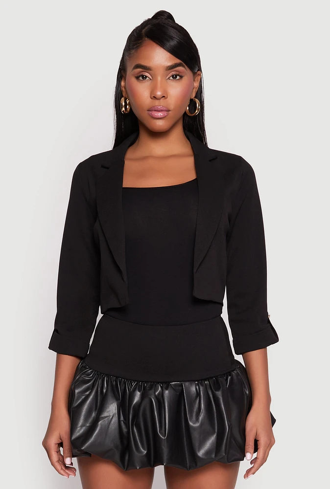 Womens Three Quarter Tab Sleeve Cropped Blazer, Black, Size L