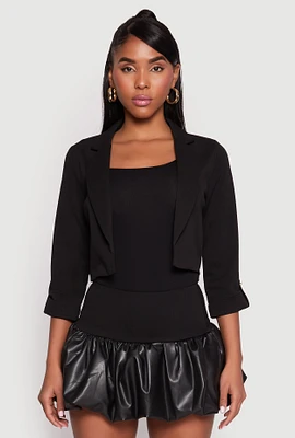 Womens Three Quarter Tab Sleeve Cropped Blazer, Black,