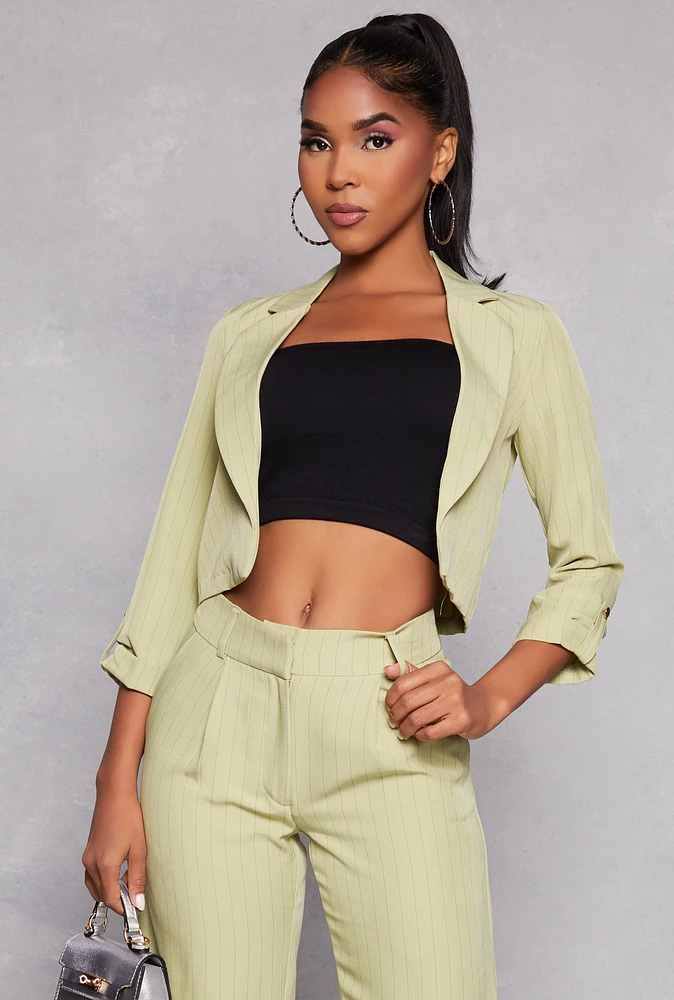 Womens Pinstripe Tabbed Sleeve Cropped Blazer, Green, Size XL