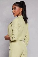 Womens Pinstripe Tabbed Sleeve Cropped Blazer, Green, Size XL