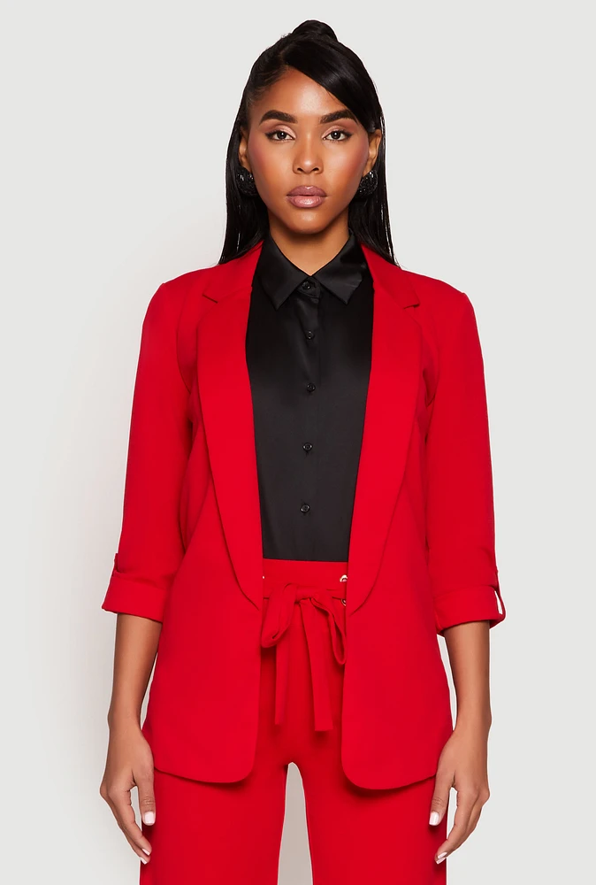 Womens Crepe Knit Open Front Blazer, Red,