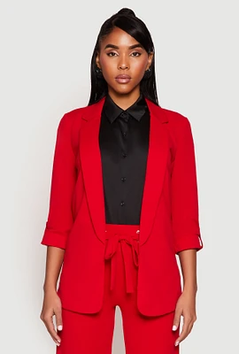 Womens Crepe Knit Open Front Blazer, Red,