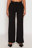 Womens Crepe Knit Belted Front Wide Leg Pants,