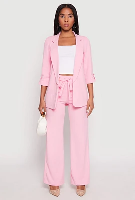 Womens Crepe Knit Belted Front Wide Leg Pants, Pink, Size M