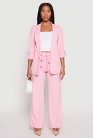 Womens Crepe Knit Belted Front Wide Leg Pants, Pink, Size M