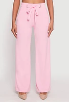 Womens Crepe Knit Belted Front Wide Leg Pants, Pink, Size M