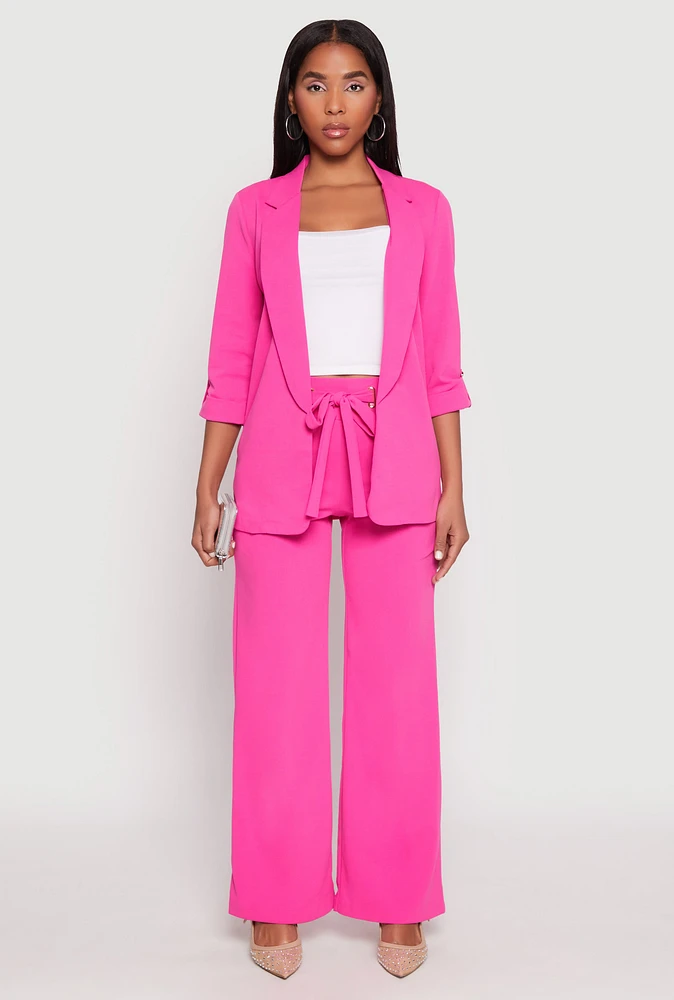 Womens Crepe Knit Belted Front Wide Leg Pants, Pink, Size L