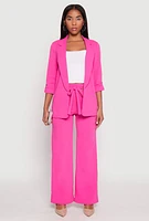 Womens Crepe Knit Belted Front Wide Leg Pants, Pink, Size L
