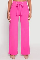 Womens Crepe Knit Belted Front Wide Leg Pants, Pink, Size L