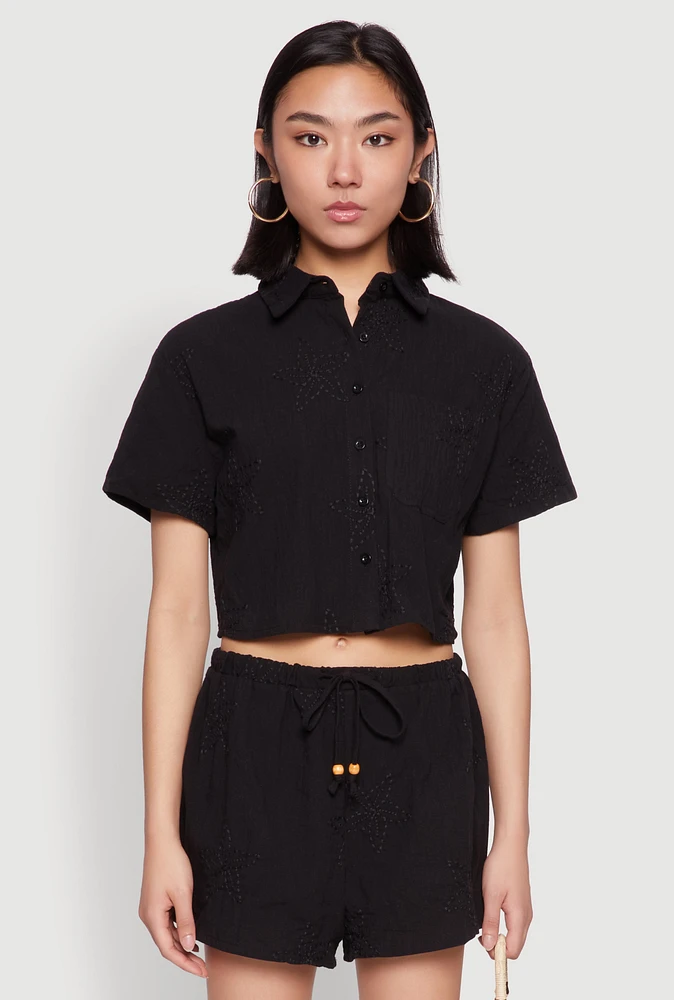 Womens Haute Monde Decorative Stitch Cropped Shirt, Black, Size M