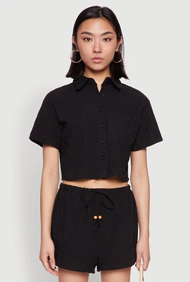 Womens Haute Monde Decorative Stitch Cropped Shirt, Black, Size M