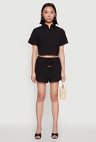 Womens Haute Monde Decorative Stitch Cropped Shirt, Black, Size M