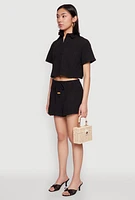 Womens Haute Monde Decorative Stitch Cropped Shirt, Black, Size M