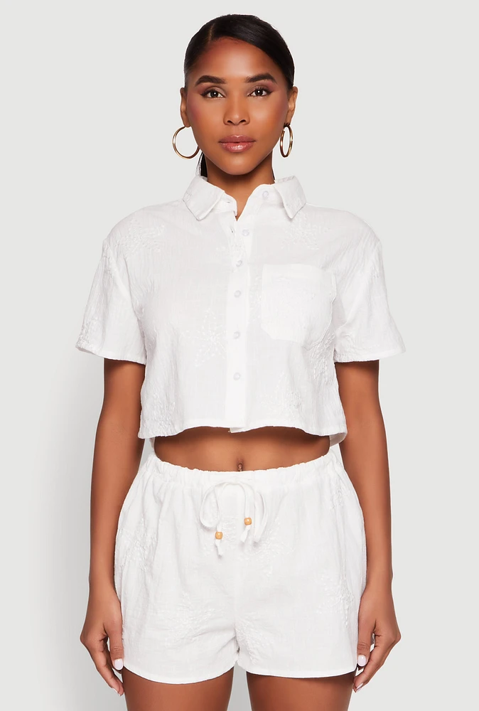Womens Haute Monde Decorative Stitch Cropped Shirt, White, Size S