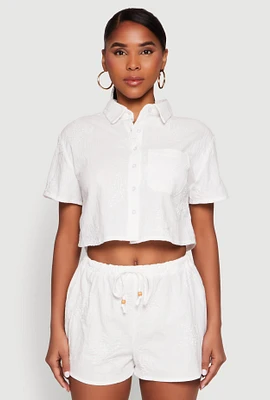 Womens Haute Monde Decorative Stitch Cropped Shirt, White, Size S