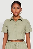 Womens Haute Monde Decorative Stitch Cropped Shirt, Green, Size M