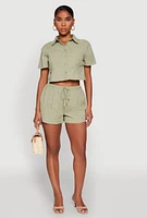 Womens Haute Monde Decorative Stitch Cropped Shirt, Green, Size M