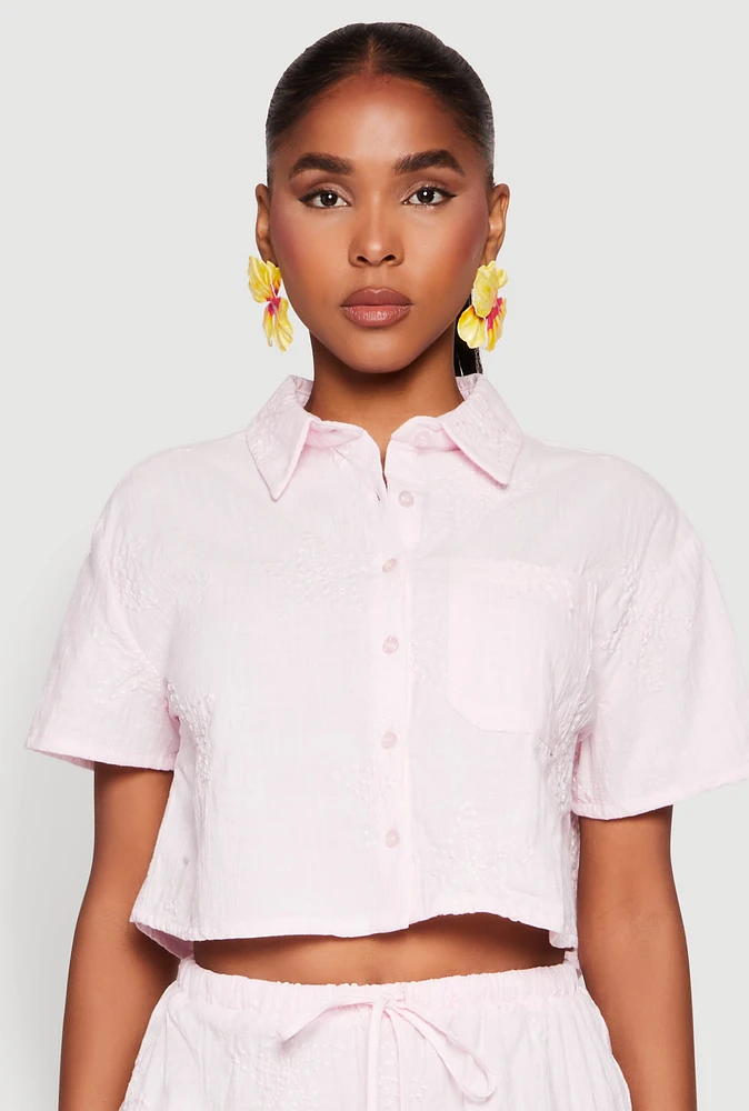 Womens Haute Monde Decorative Stitch Cropped Shirt, Pink, Size L