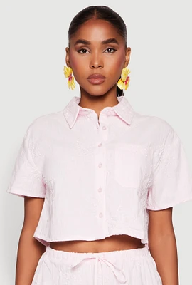 Womens Haute Monde Decorative Stitch Cropped Shirt, Pink, Size M