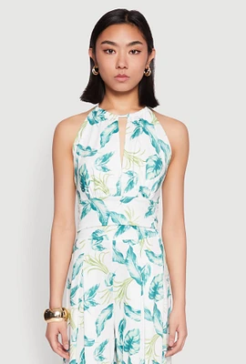 Womens Leaf Print Halter Crop Top, Multi,