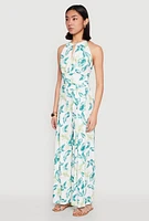 Womens Leaf Print Halter Crop Top, Multi,
