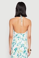 Womens Leaf Print Halter Crop Top, Multi,