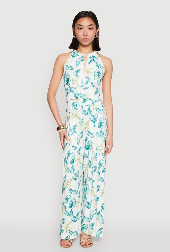 Womens Leaf Print Wide Leg Pants, Green, Size M