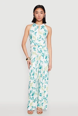 Womens Leaf Print Wide Leg Pants, Green, Size M