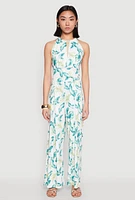 Womens Leaf Print Wide Leg Pants, Multi, Size L