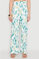Womens Leaf Print Wide Leg Pants, Green, Size M
