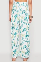 Womens Leaf Print Wide Leg Pants, Green, Size M