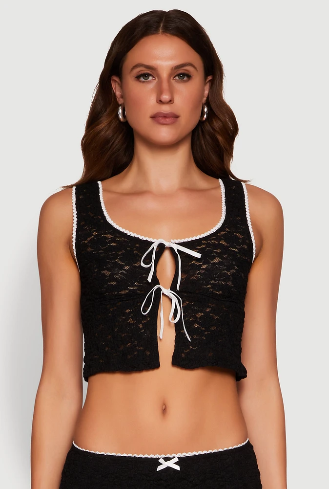 Womens Haute Monde Contrast Trim Tie Front Lace Crop Top, Black, Size M