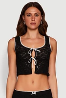 Womens Haute Monde Contrast Trim Tie Front Lace Crop Top, Black, Size M