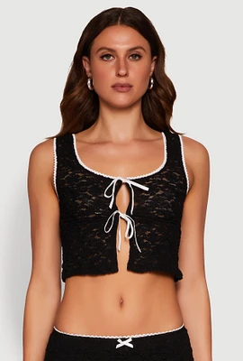 Womens Haute Monde Contrast Trim Tie Front Lace Crop Top, Black, Size M