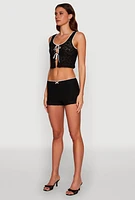 Womens Haute Monde Contrast Trim Tie Front Lace Crop Top, Black, Size M